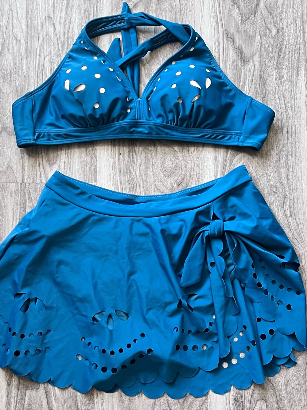 Teal Blue Cutout Bikini Top & Skirt Swim Set